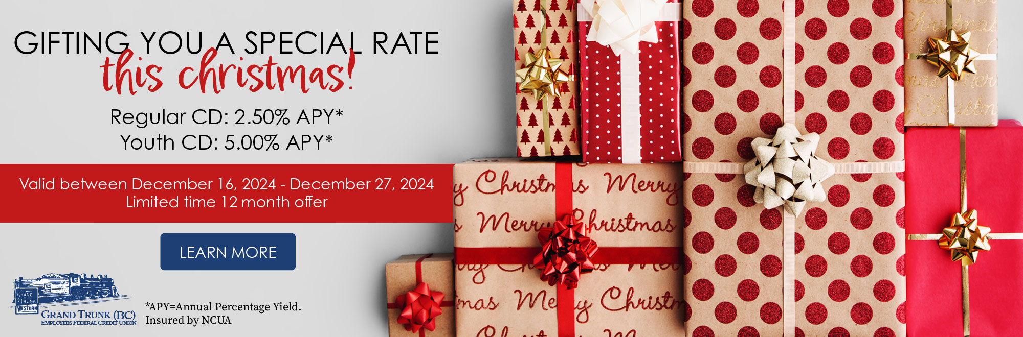 Gifting you a special rate this Christmas! Regular CD 2.50% APY Youth CD 5.00% APY. Valid between December 16-27, 2024. Learn More! APY= Annual Percentage yield Insured by NCUA