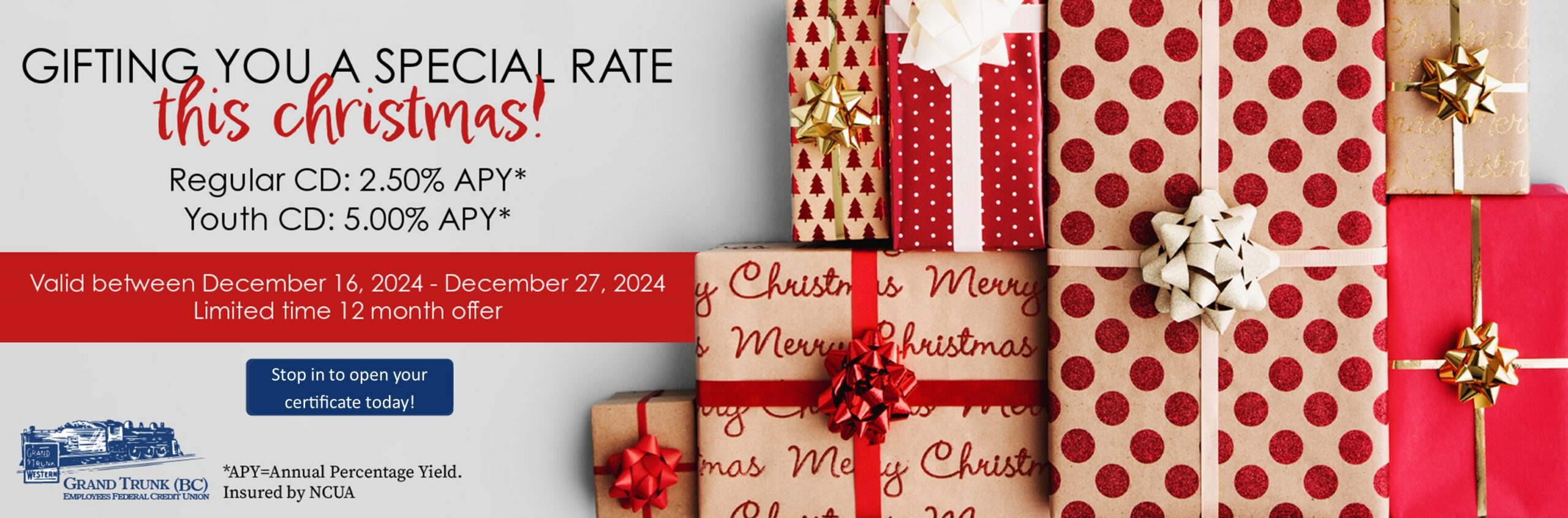 Gifting you a special rate this Christmas! Regular CD 2.50% APY Youth CD 5.00% APY. Valid between December 16-27, 2024. Stop in to open your certificate today! APY= Annual Percentage yield Insured by NCUA